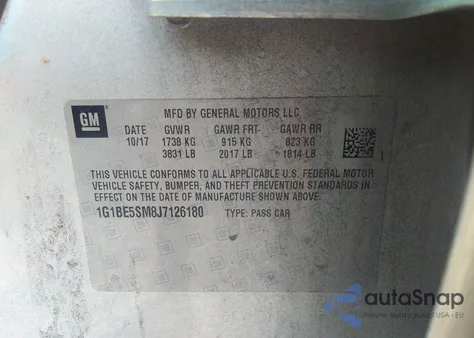 2018 Chevrolet Cruze Lt Auto z USA, uszkodzony, nr VIN 1G1BE5SM8J7126180